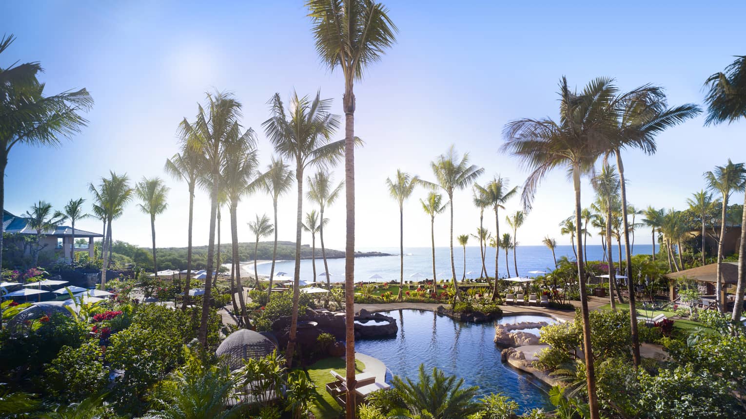 View over Four Seasons Resort Hawaii, Lanai outdoor swimming pools, palm trees by ocean