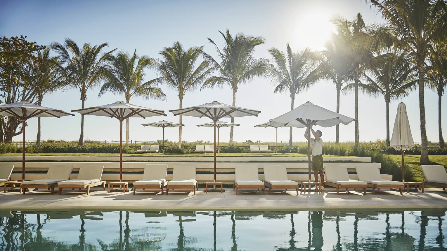 One of three heated outdoor swimming pools with coconut palm trees offering shade
