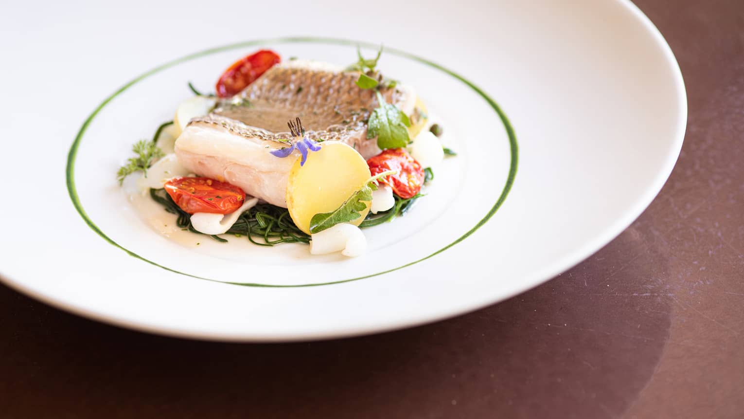 Pezzogna Fish from Tyrrhenian, AOP Baby Squids, Monk?s Beard, New Potatoes and Meuniere Sauce in round white bowl with green trim