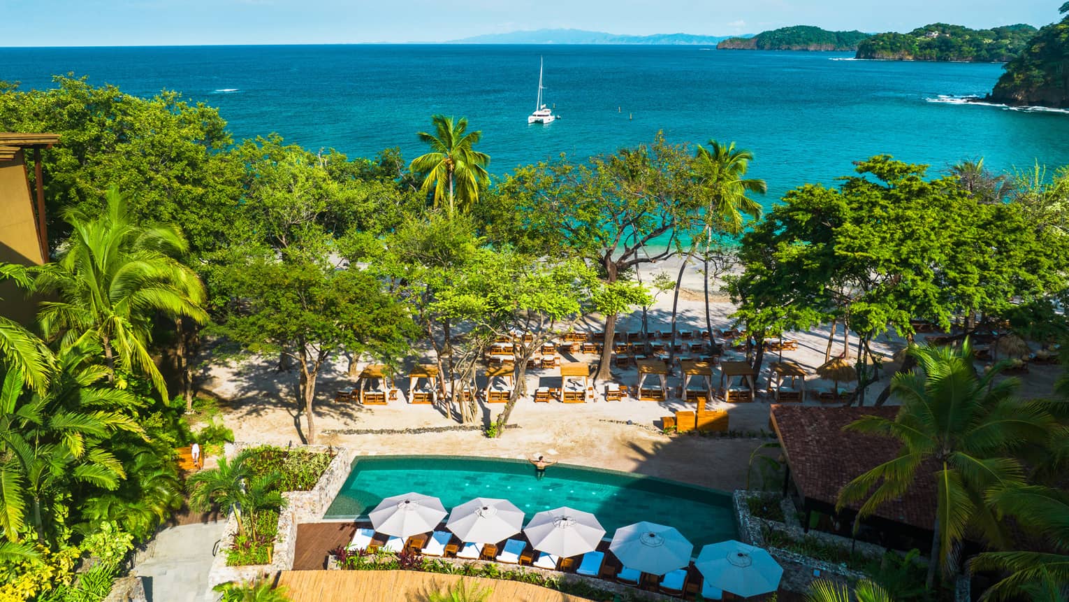 Aerial view of a row of white poolside lounge chairs and umbrellas with more lounge chairs on the beach surrounded by trees leading toward the ocean