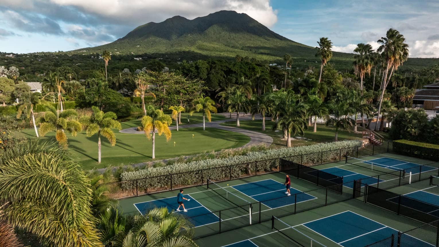 Aerial view of tennis courts surrounded by palm trees