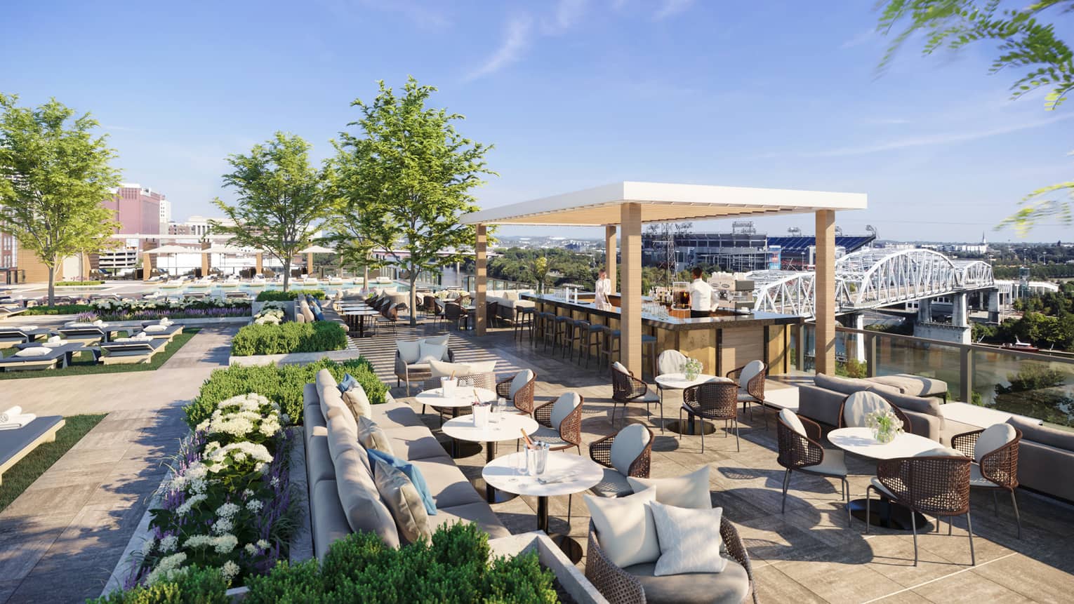 An outdoor pool area with many seats and small tables.