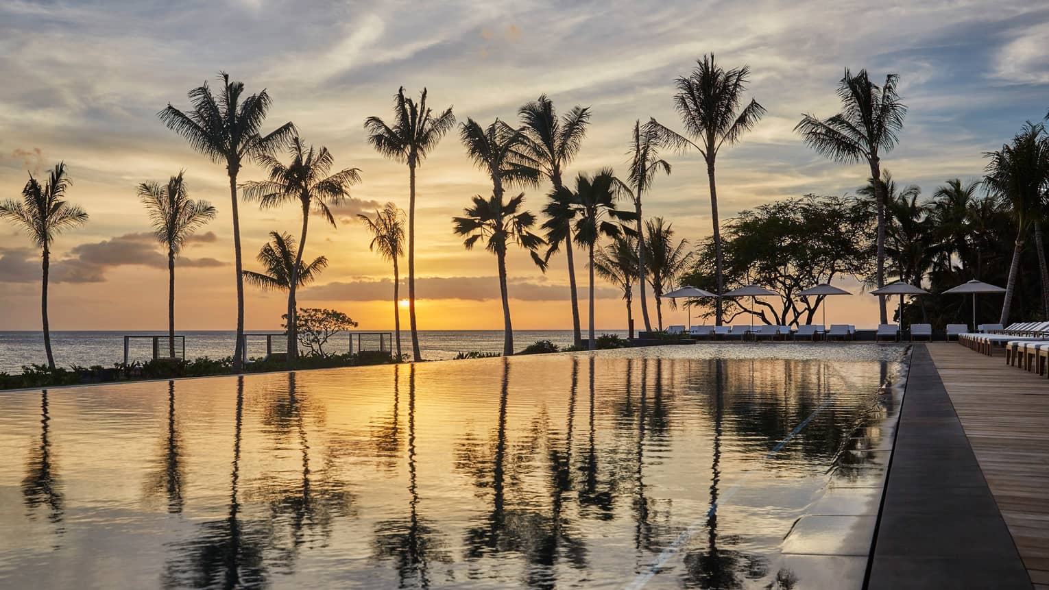Silhouettes of tall palm trees reflected on outdoor swimming pool against orange sunset