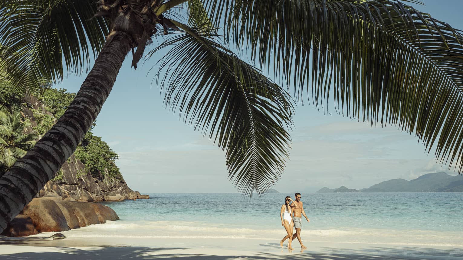 A couple walks along a beach shaded by a large palm tree