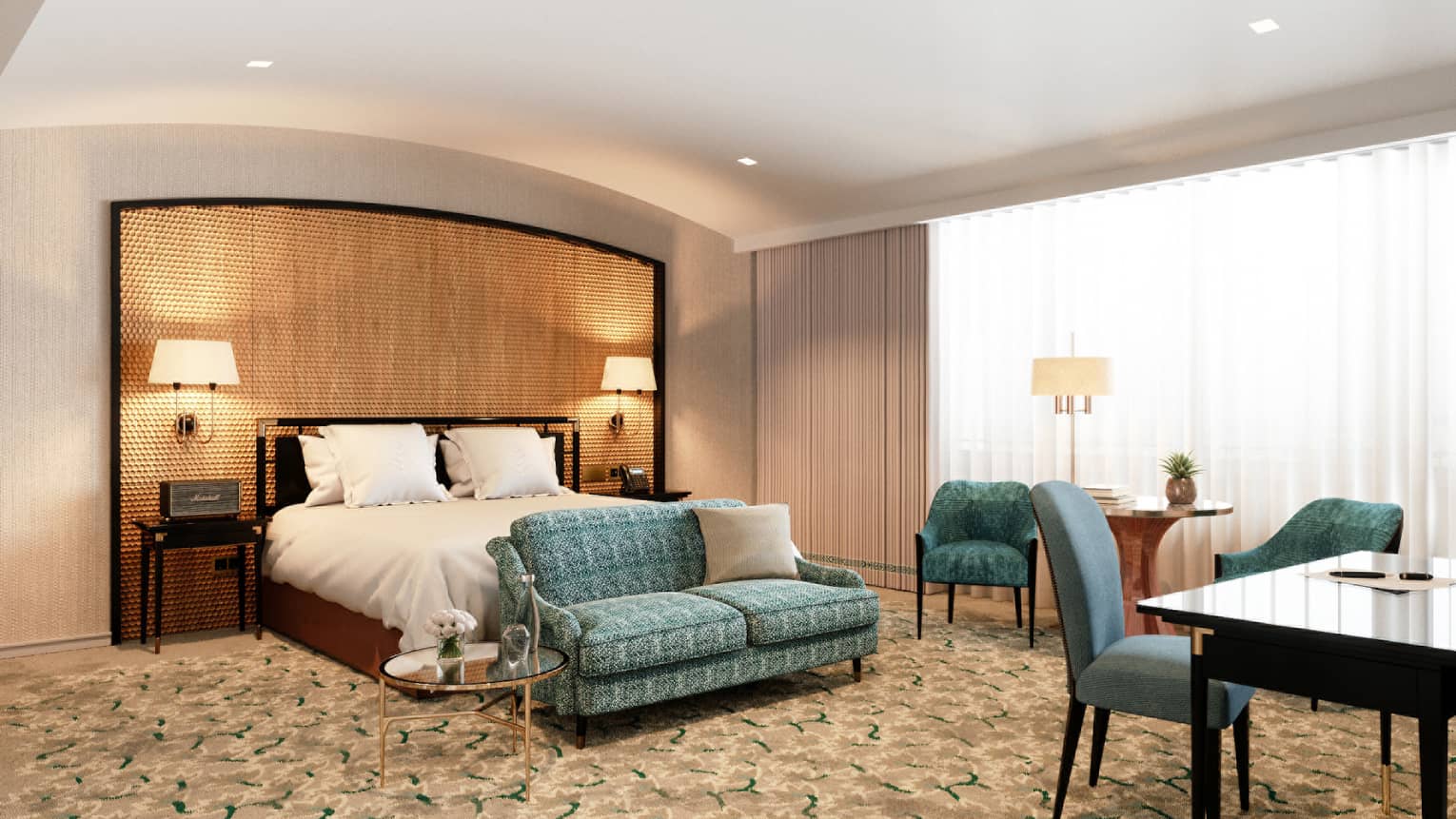 Rendering of bedroom with wooden headboard, two sconces, turquoise retro sofa