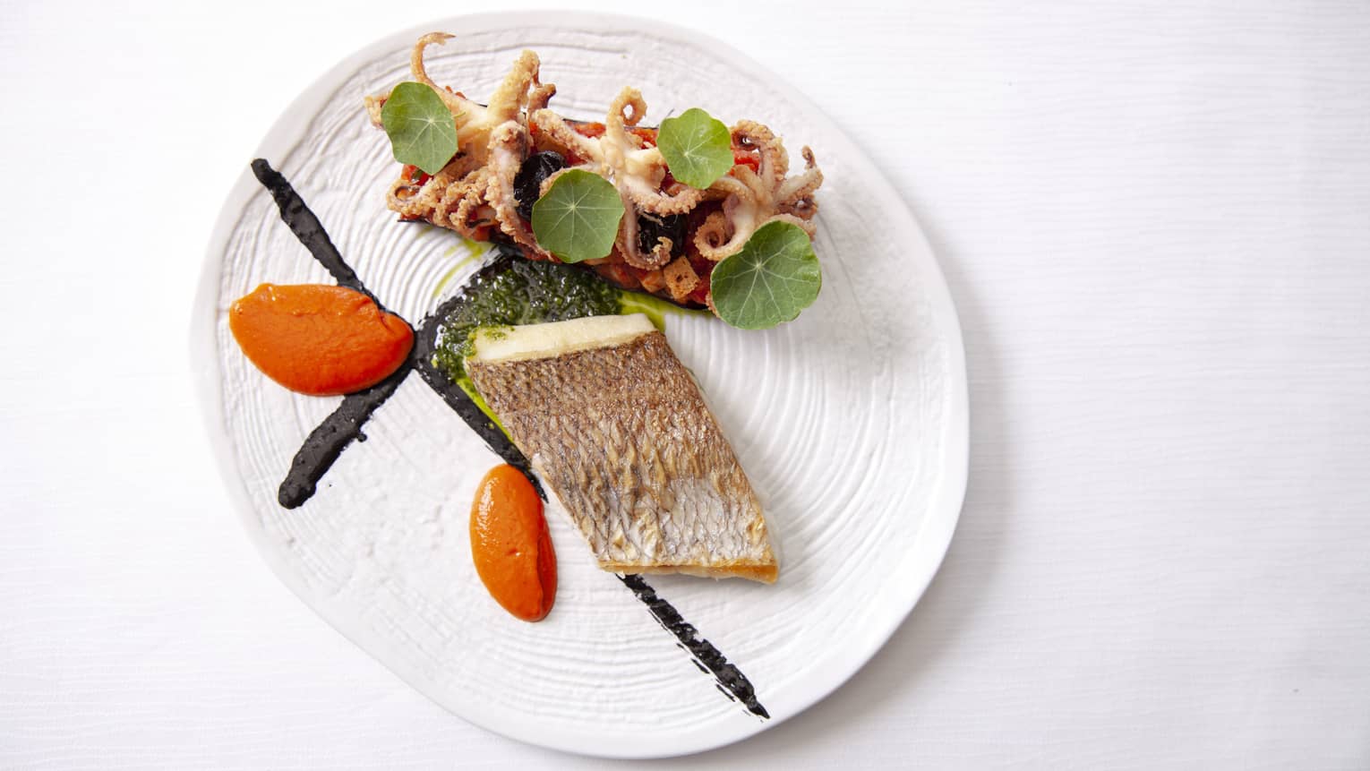 Pan Seared red snapper is artfully served on a white and black plate