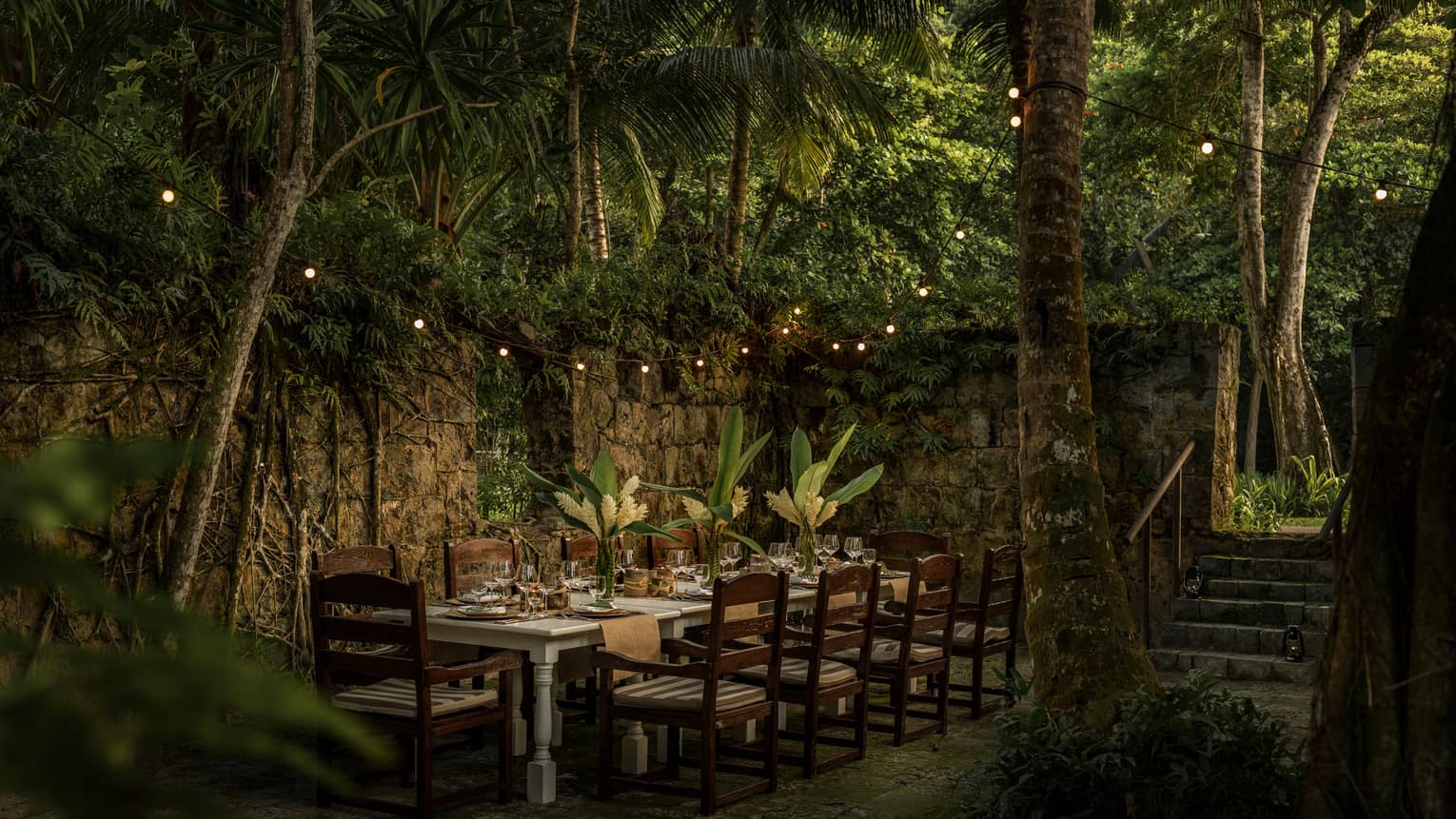 Wooden table with chairs outdoors surrounded by greenery and fairy lights at night