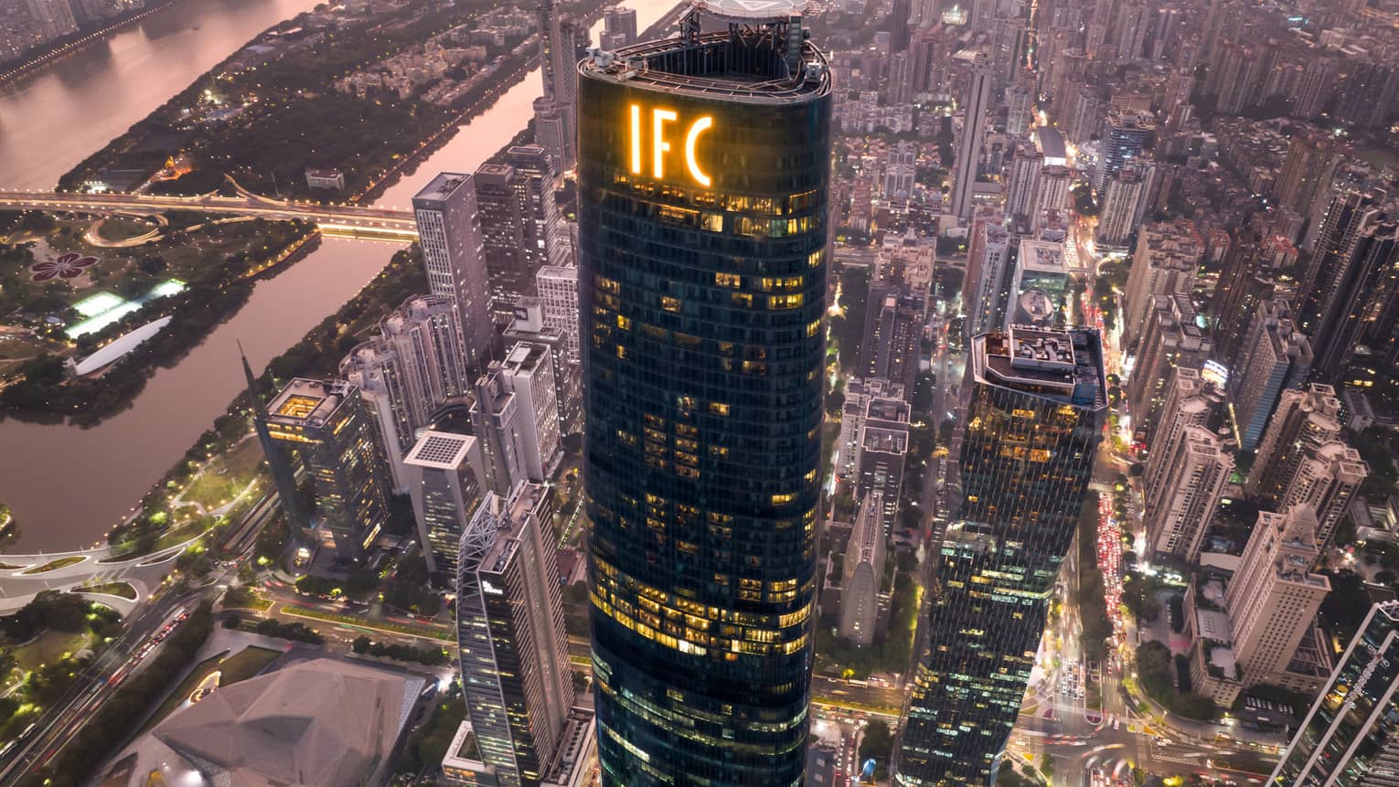 Aerial view of the IFC building in Guangzhou, China
