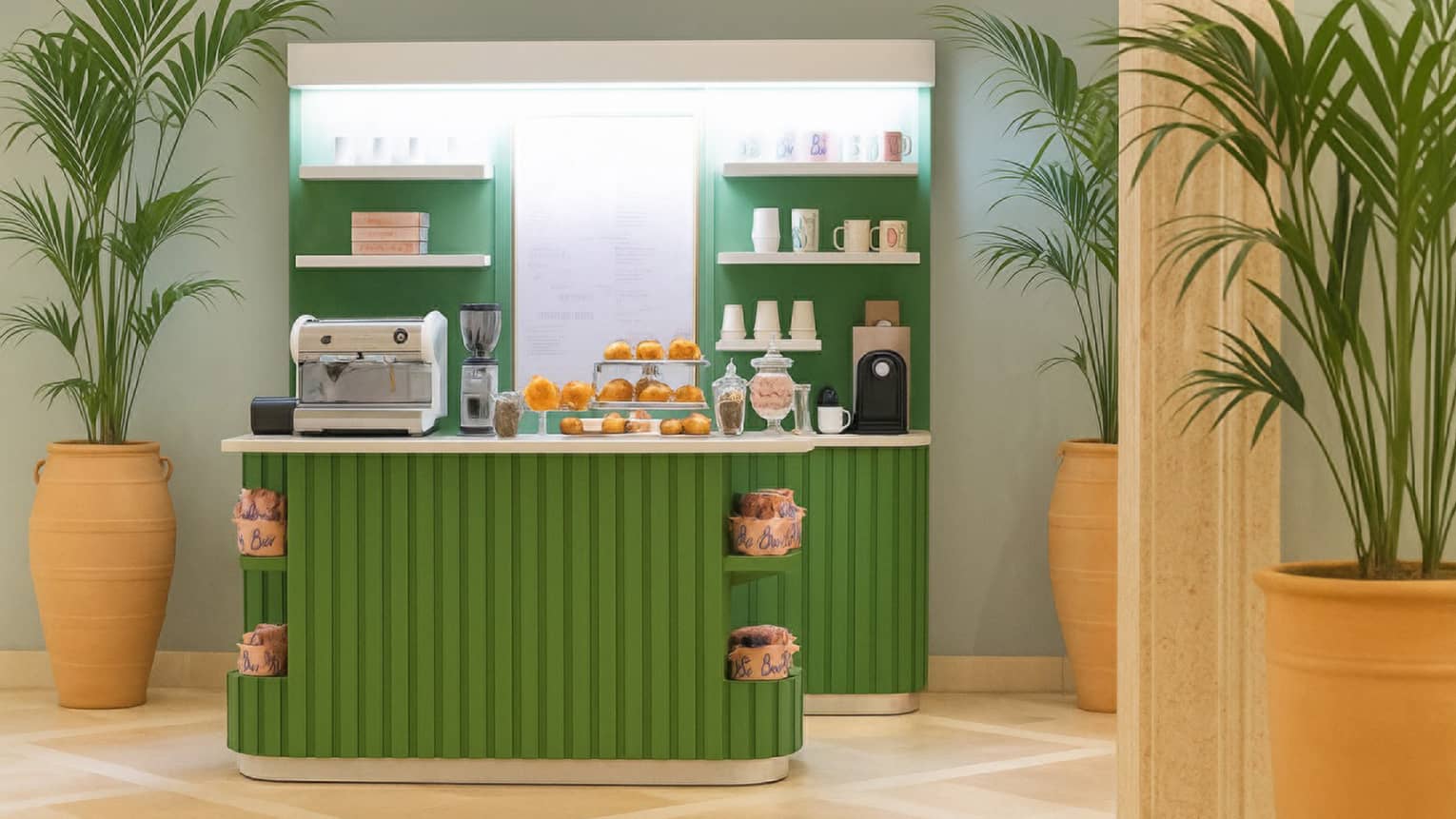 Bright green cafe counter surrounded by potted palms