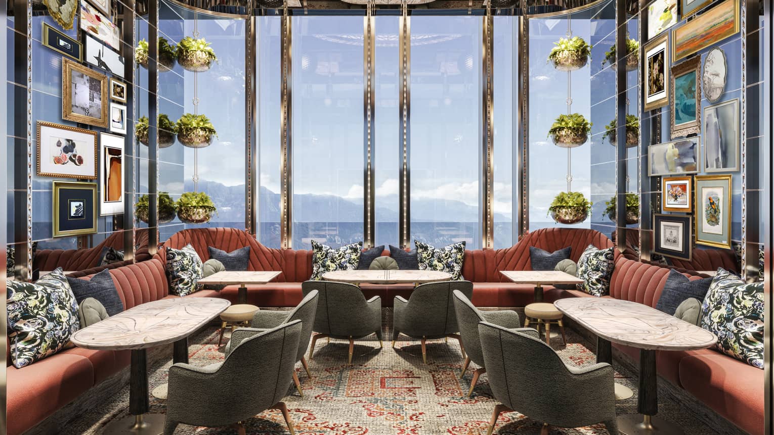 Rendering of a cool bar, with circle ceiling light, pink velvet sofas, many picture frames on wall, large windows