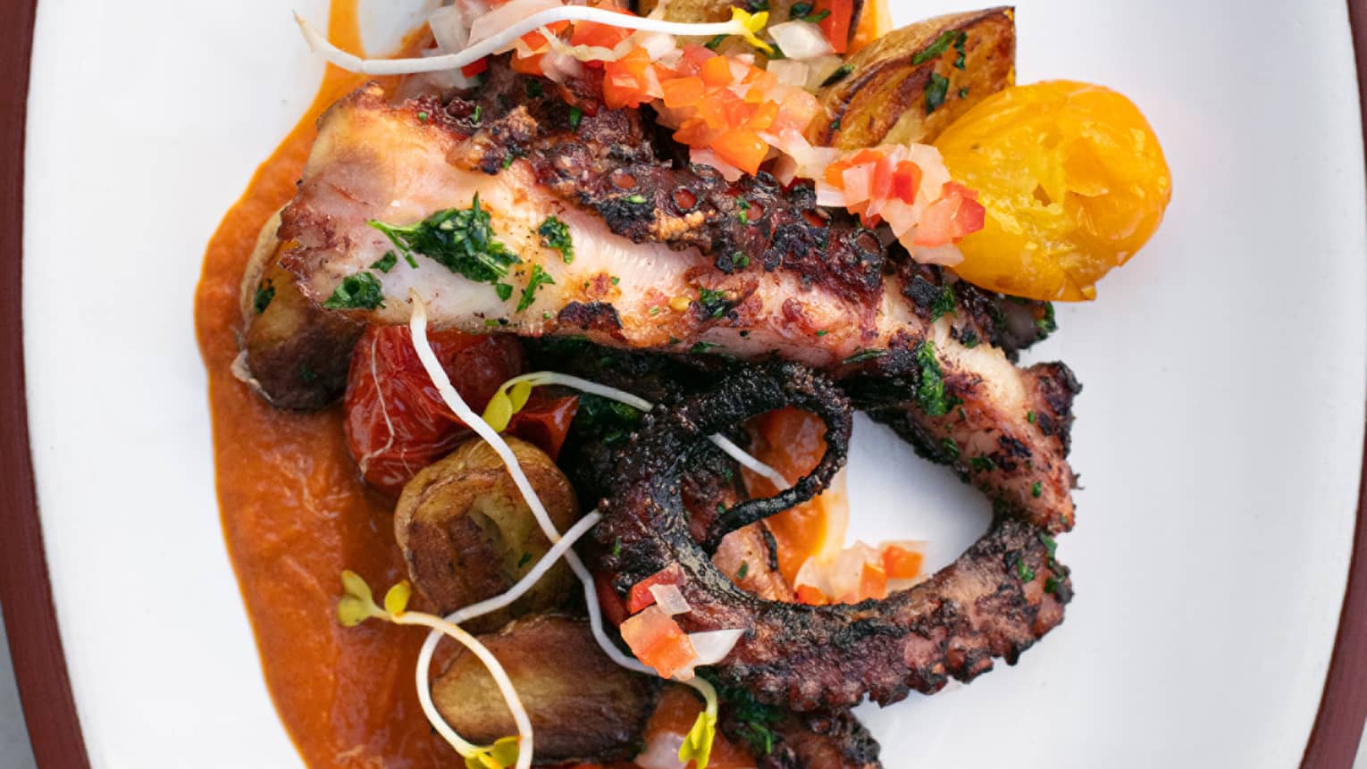 An octopus tentacle served with pepper sauce. 