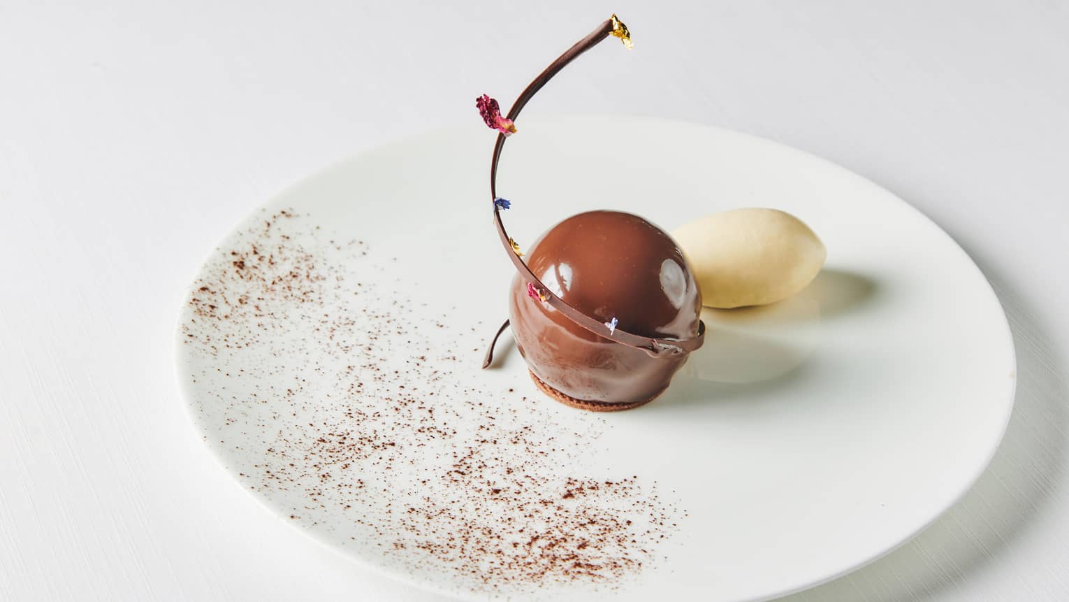 Chocolate dessert shaped like a large cherry with a dollop of ice cream and misting of chocolate powder on a white plate