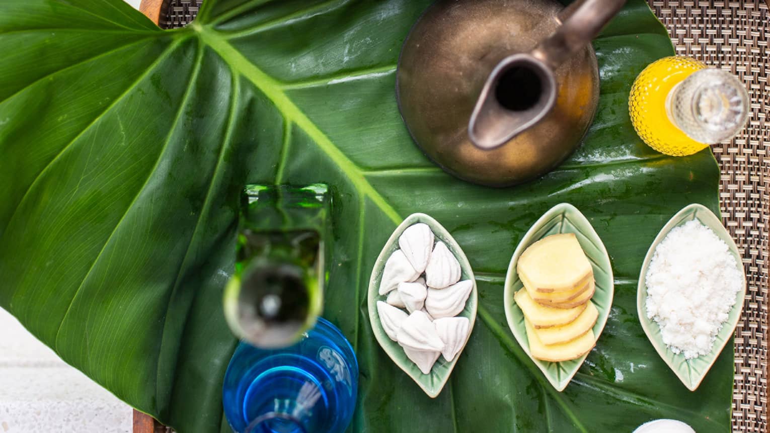 Spa tray with essential oils and massage tools