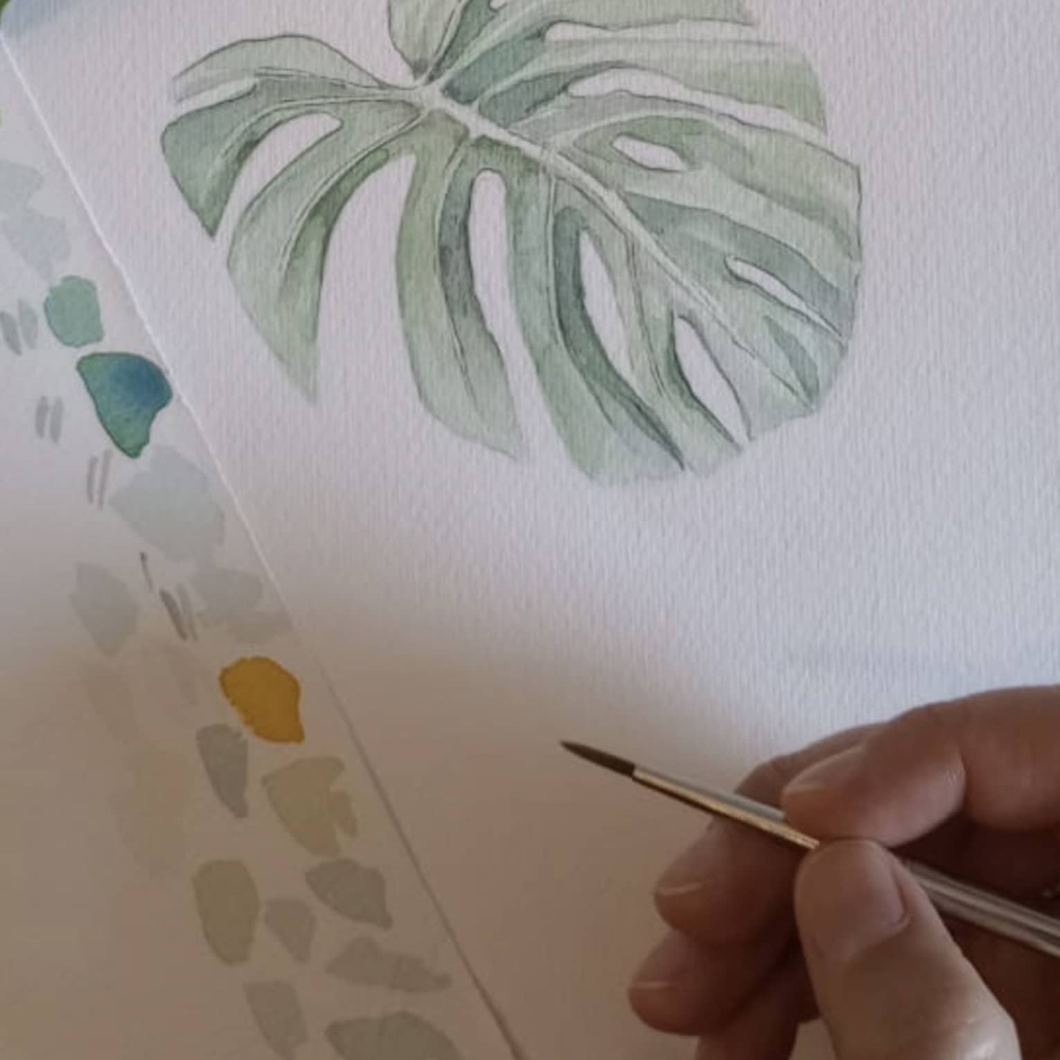 Watercolour painting of a green leaf.