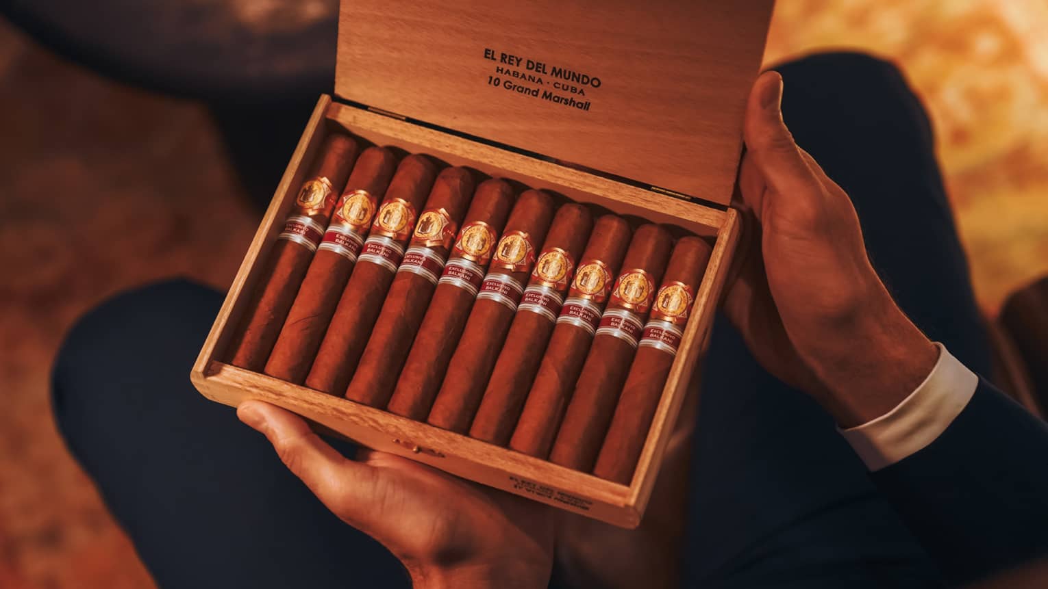 Close up of person's hands holding an open cigar box filled with 10 cigars