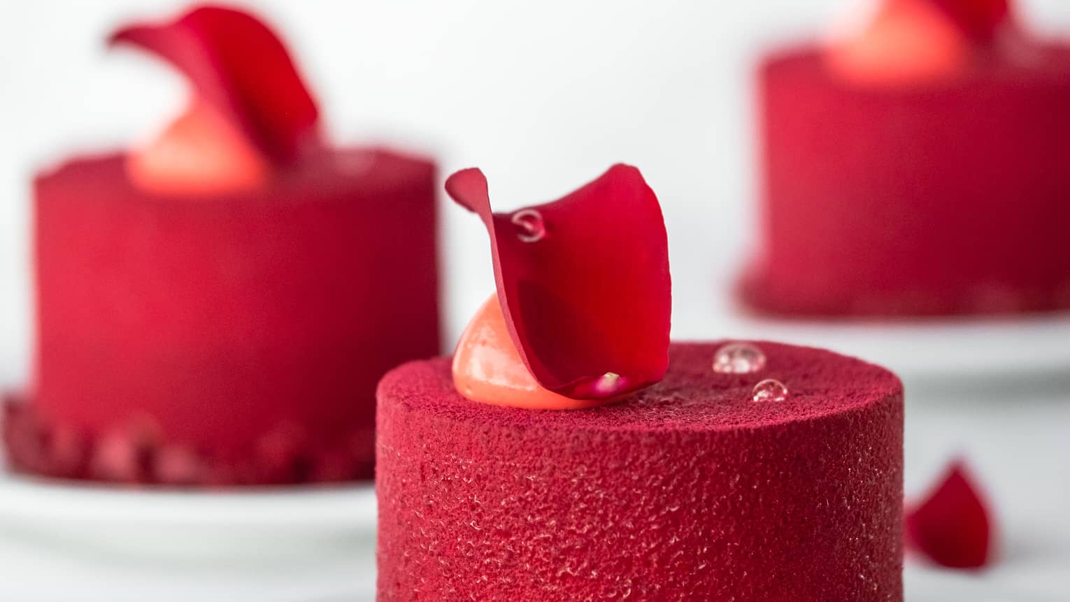 Three bright red mini cakes topped with red flower petals