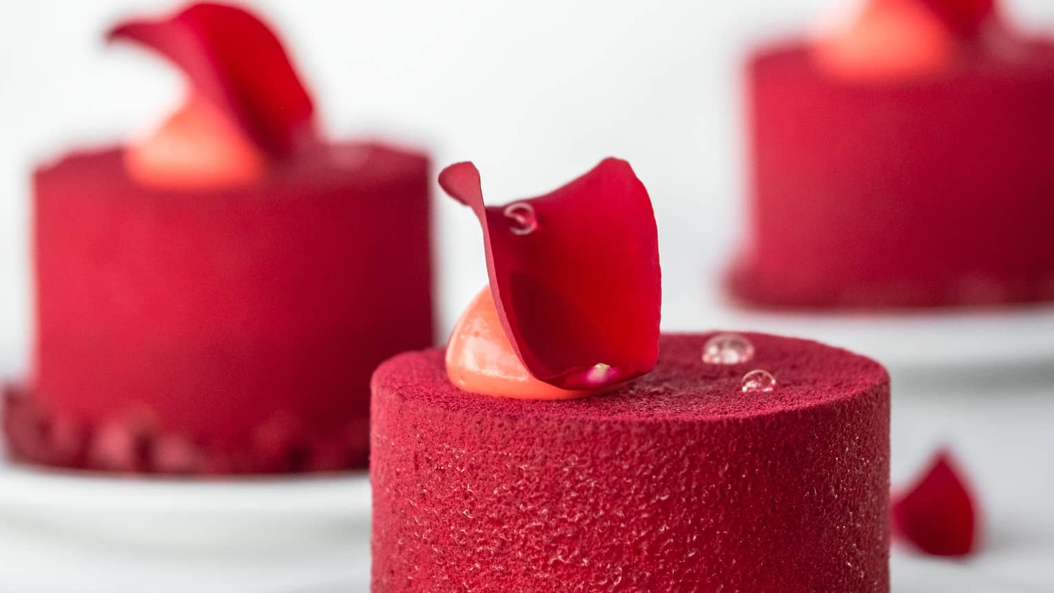 Three bright red mini cakes topped with red flower petals