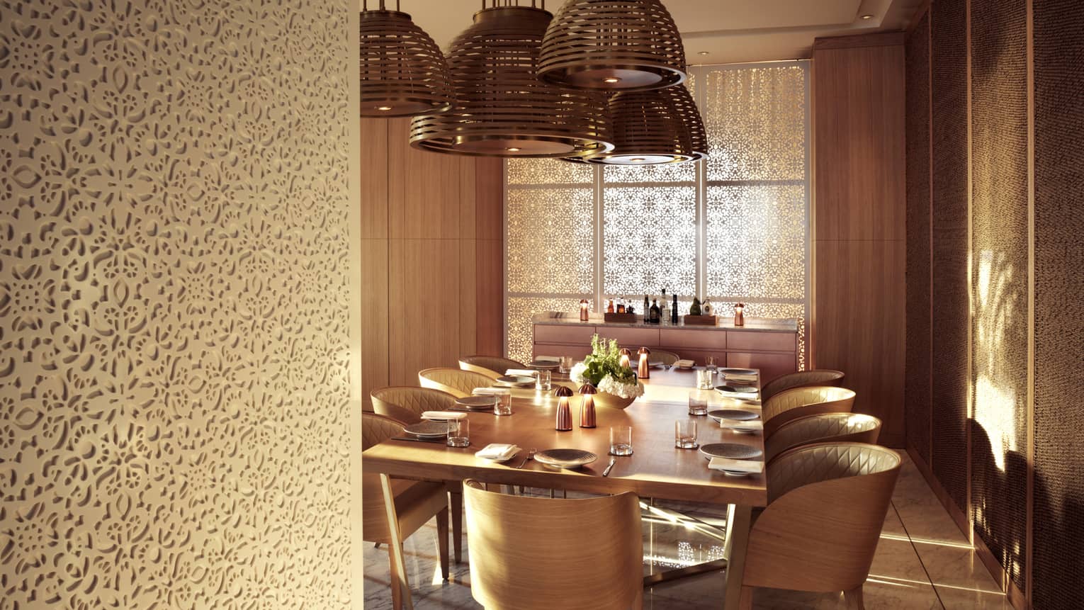 Private dining table in dining room with decorative walls, wood chandeliers 