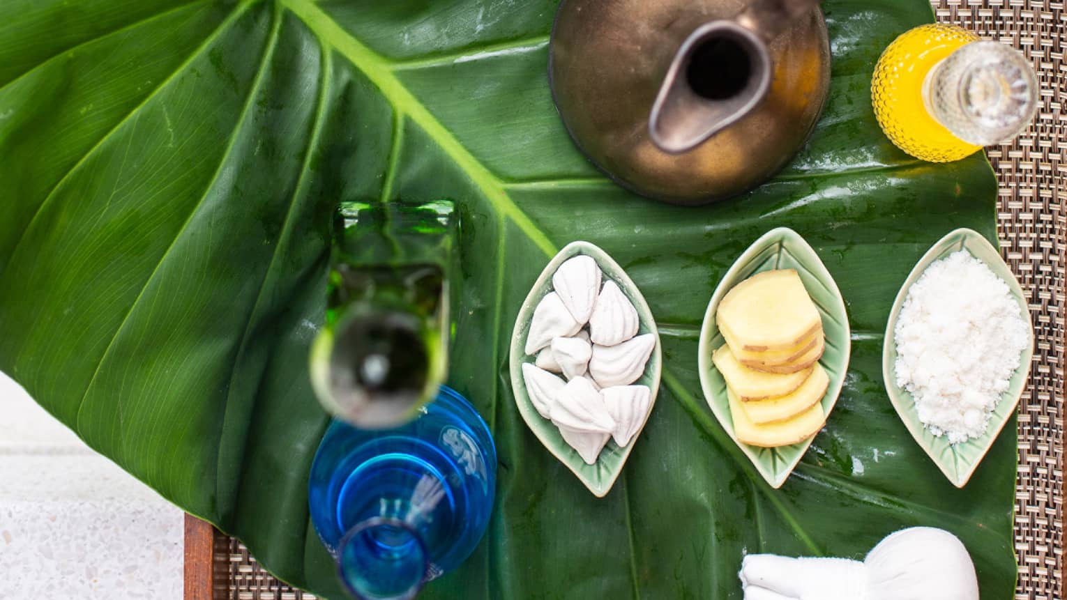 Spa tray with essential oils and massage tools