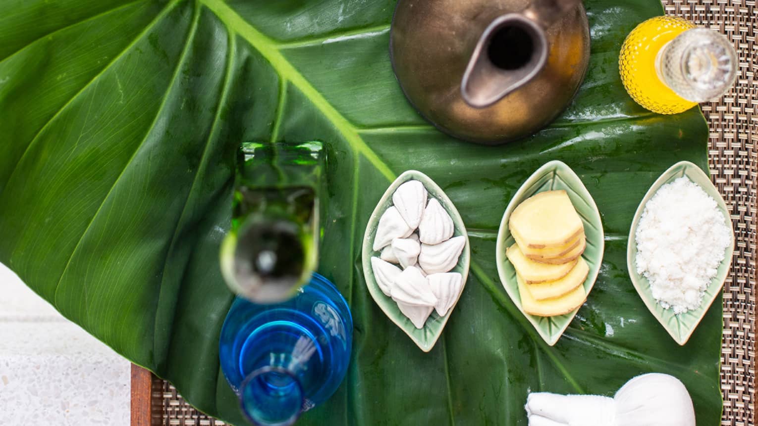 Spa tray with essential oils and massage tools