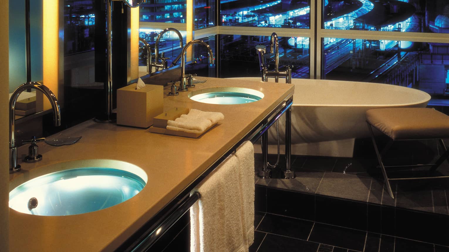 One-bedroom Suite bathroom, sink, freestanding tub by floor-to-ceiling window, Tokyo city lights