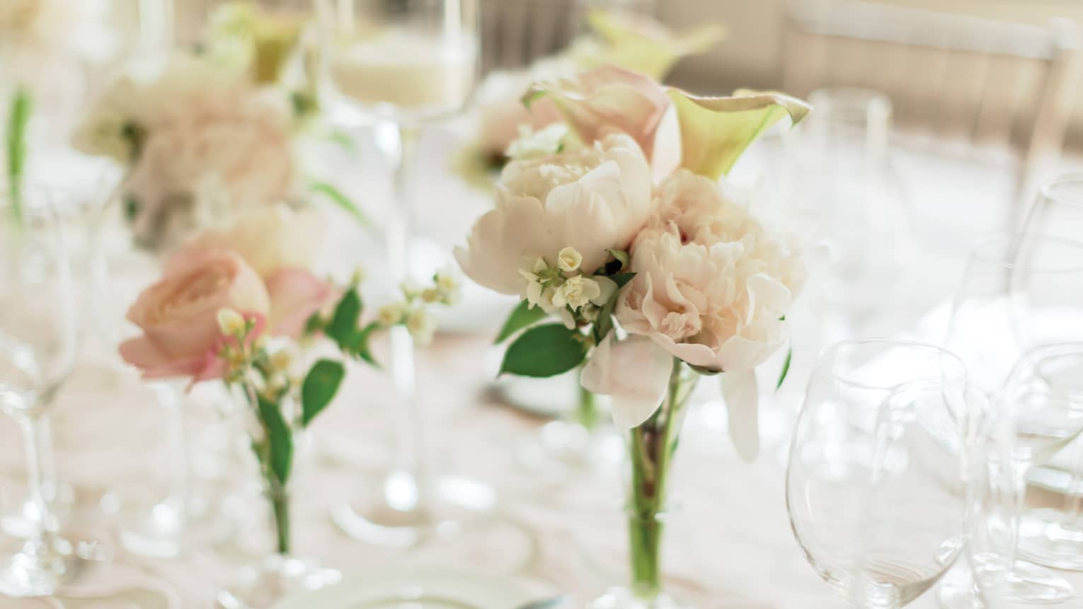 A couple delicate, dainty peony bouquets stand out on a white table with clear tableware