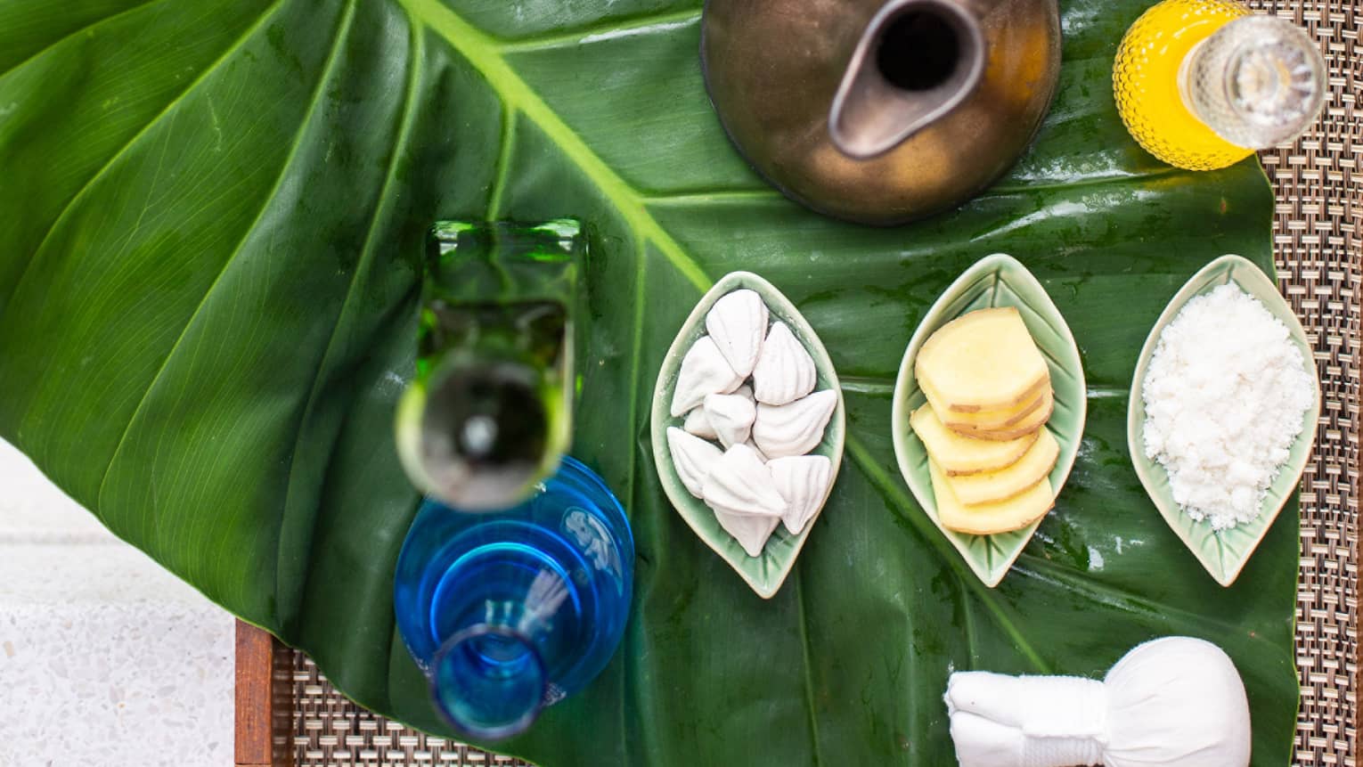 Spa tray with essential oils and massage tools