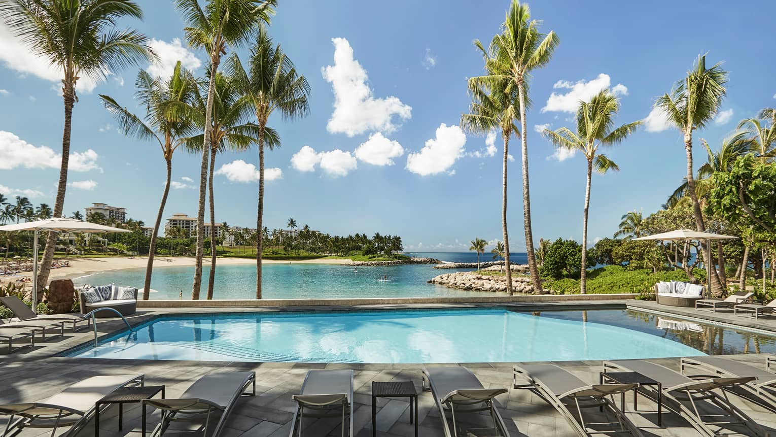 Sunny outdoor swimming pool lined with lounge chairs, palm trees