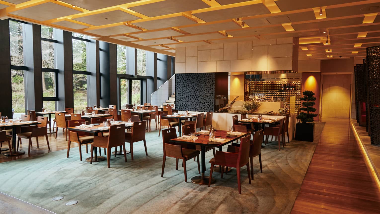 Restaurant dining room with warm lighting, light wood floors, floor-to-ceiling windows and green patterned area rug