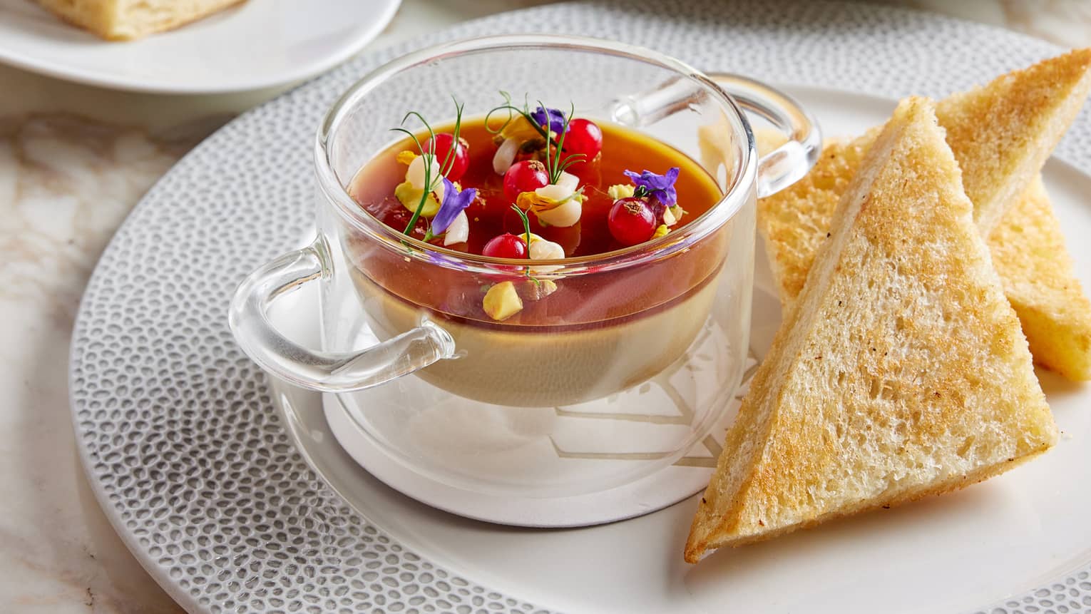 Foie Gras Parfait withVermouth-Orange Gelee and Pickled Mushroom in glass dish beside Brioche Toast Points