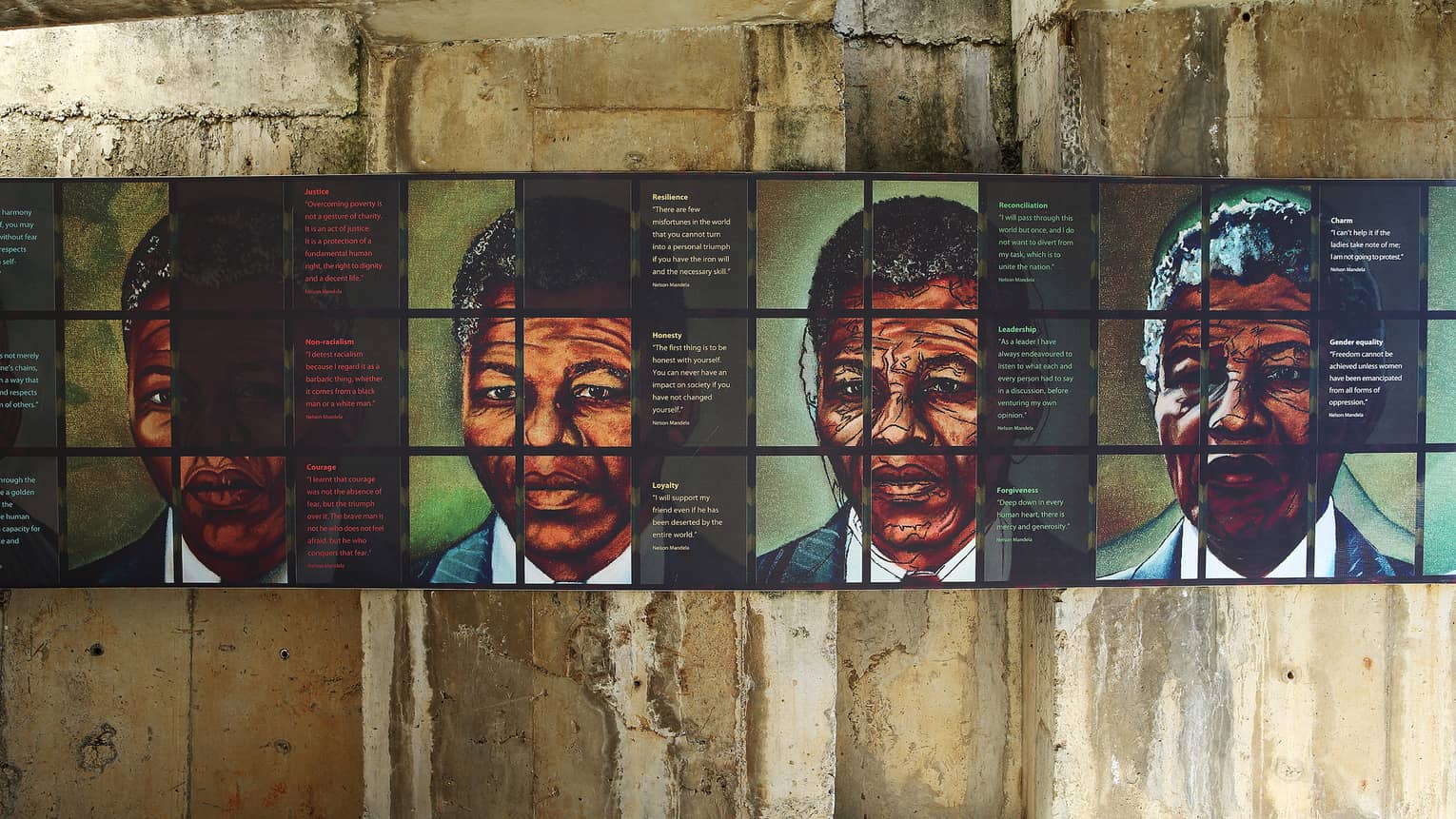 Painting with four images of Nelson Mandela interspersed with 14 quotes about ideals and values such as courage and honesty.