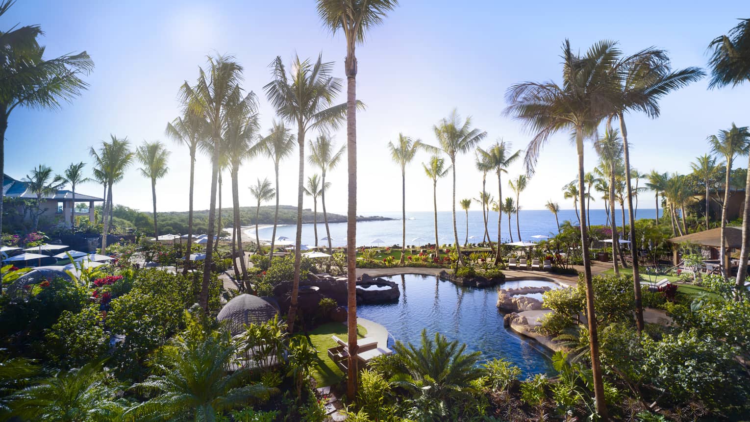 View over Four Seasons Resort Hawaii, Lanai outdoor swimming pools, palm trees by ocean