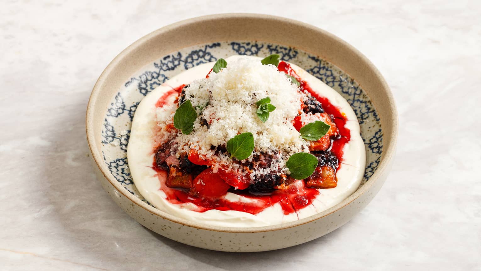 Berry Muhammara with aubergine, capsicum compote, cherry syrup, macadamia