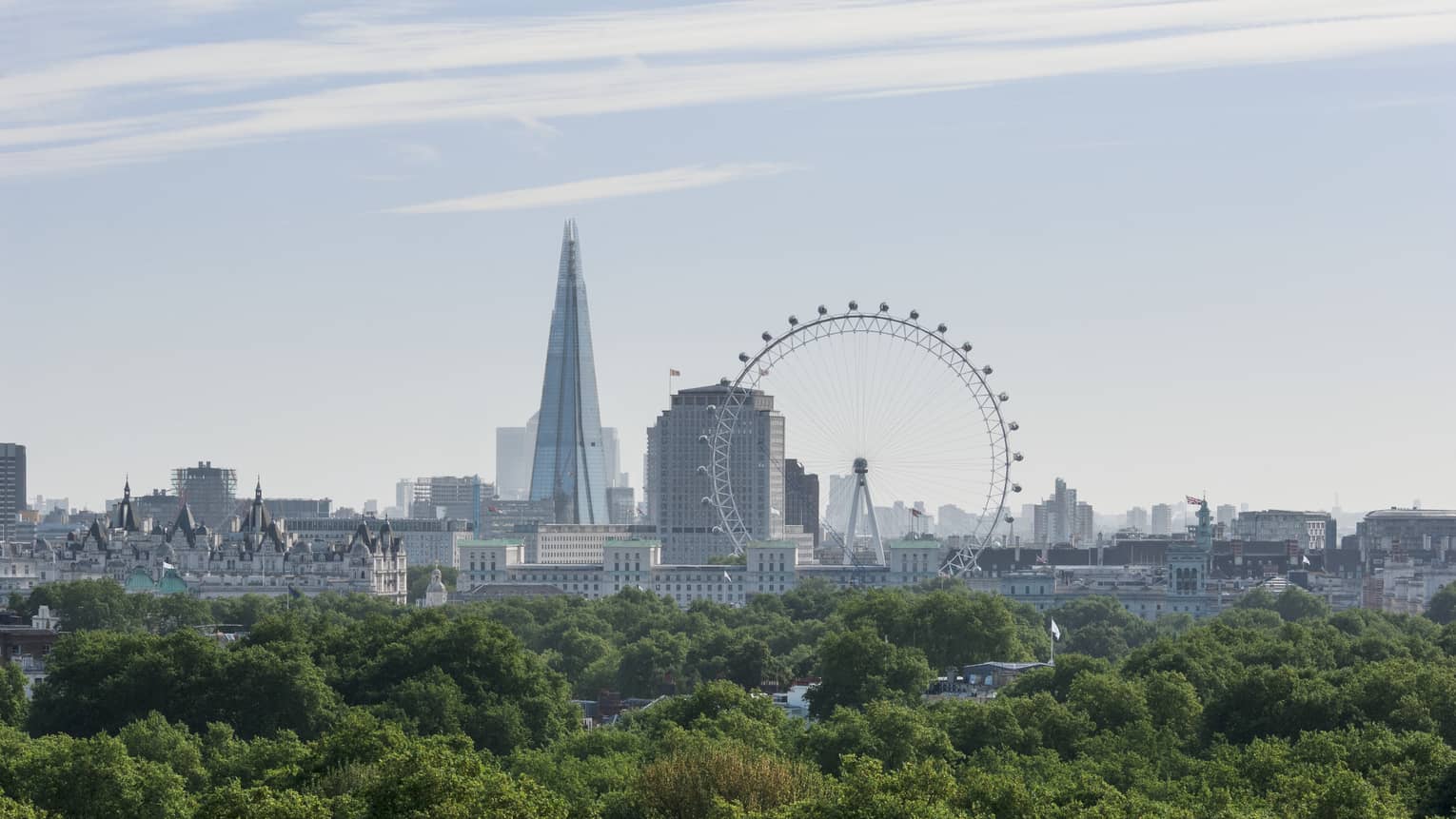 View of London’s South Bank area with The London Eye in center 