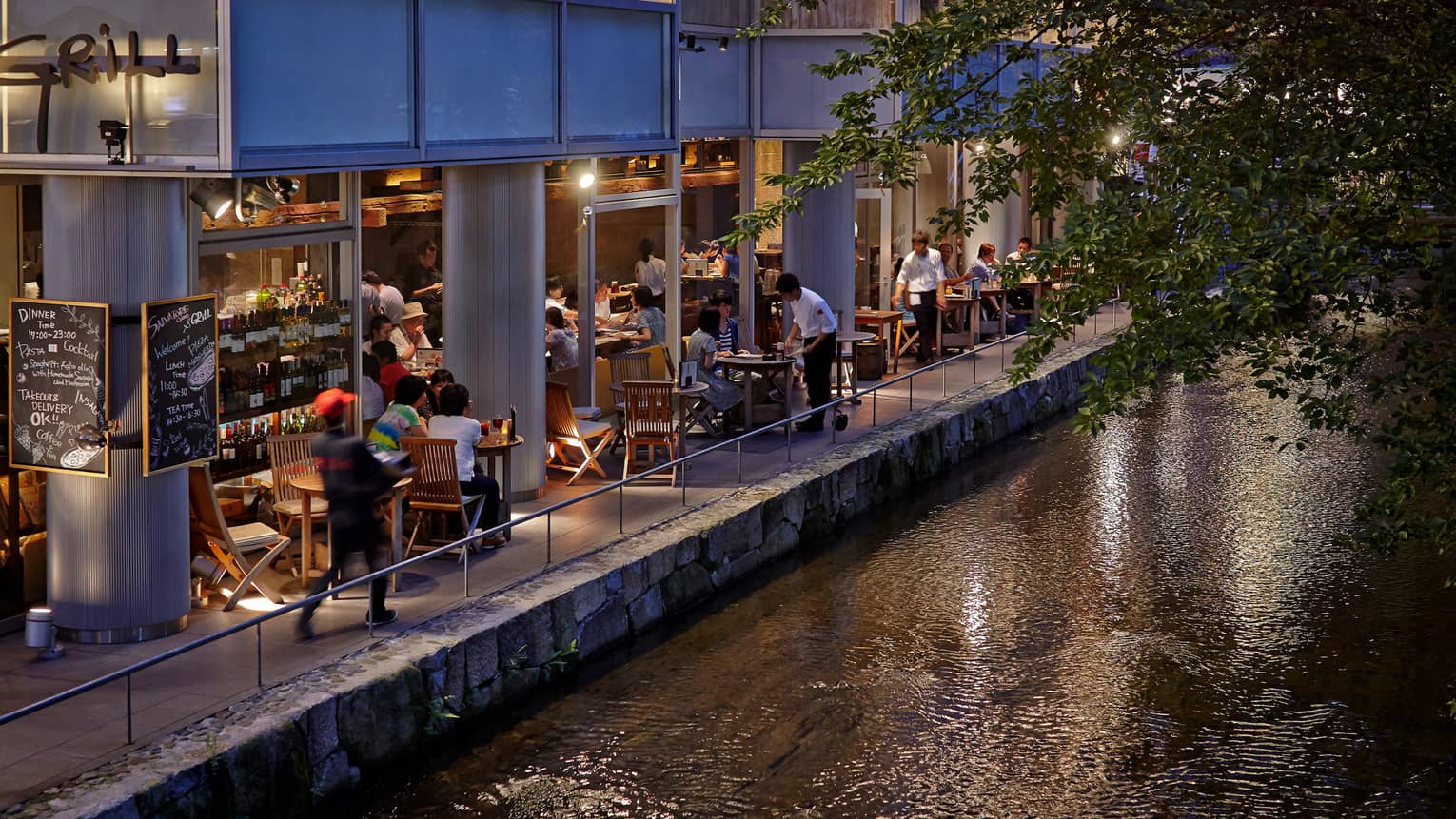 Downtown Kyoto shops, patios at night along Kamo-gawa River