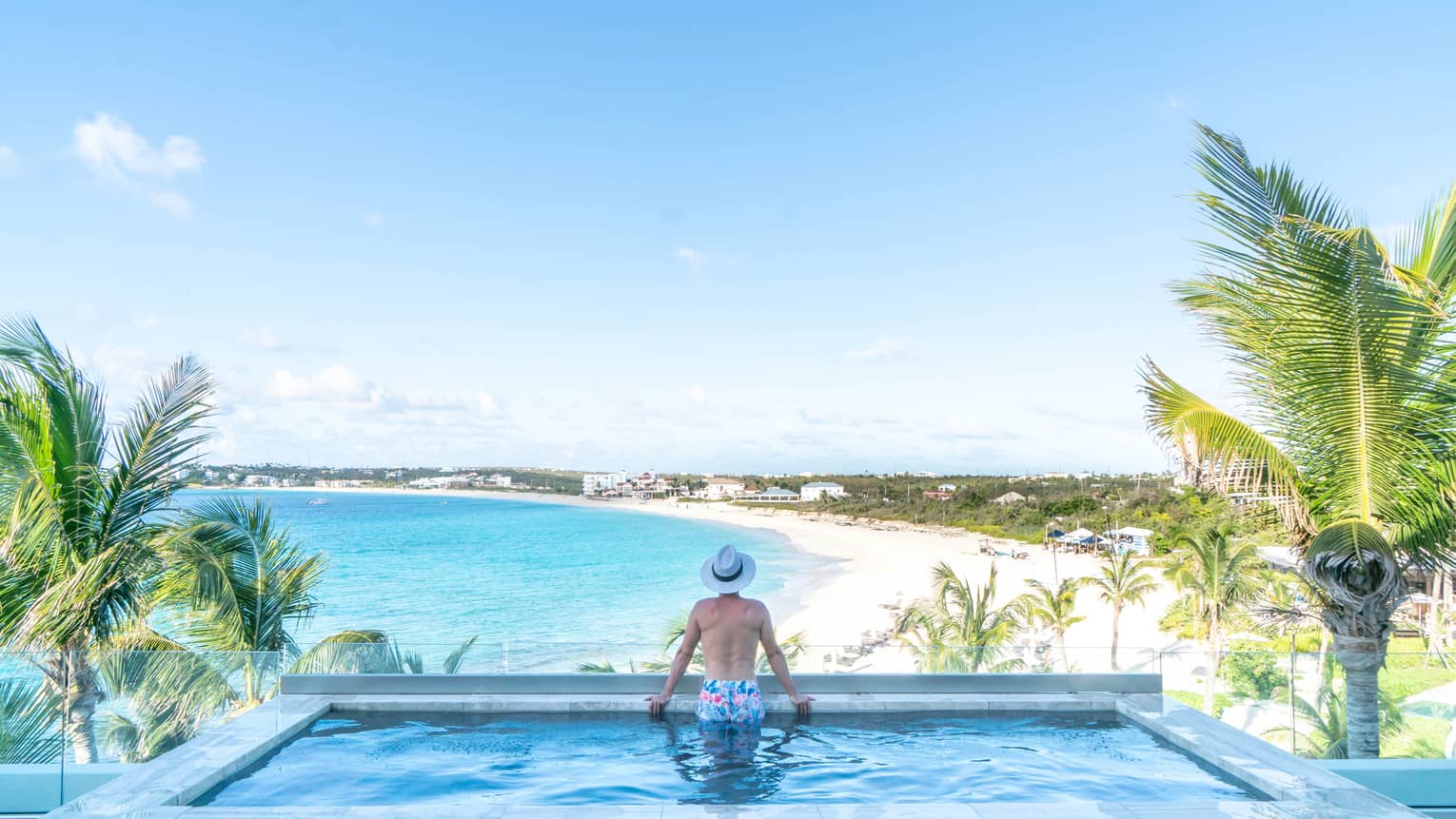 Resort guest standing in a private pool overlooking a tropical beach with turquoise water, palm trees and a coastal landscape