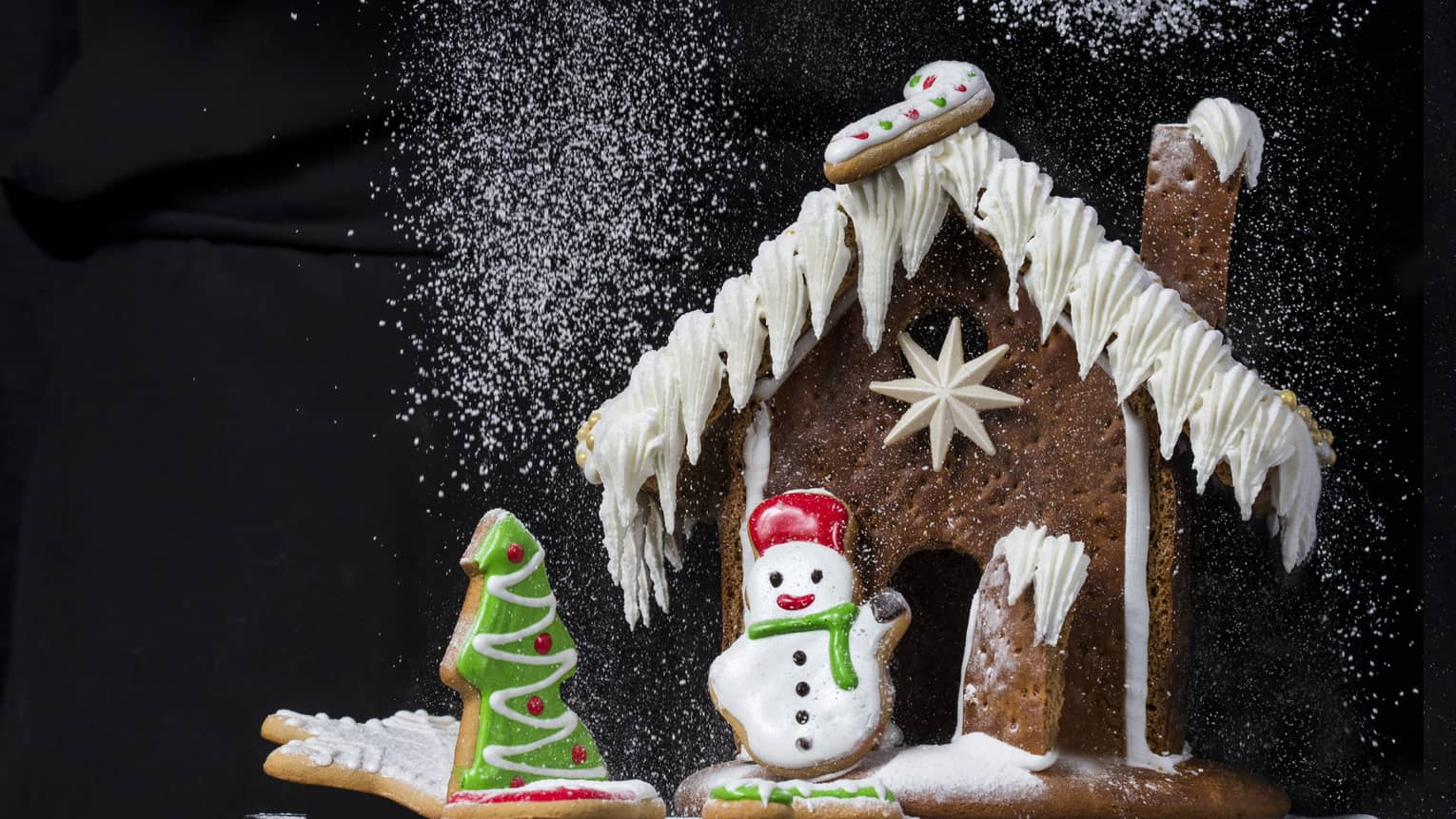 Gingerbread house being dusted with powdered sugar that looks like snow,Gingerbread house being dusted with powdered sugar that looks like snow