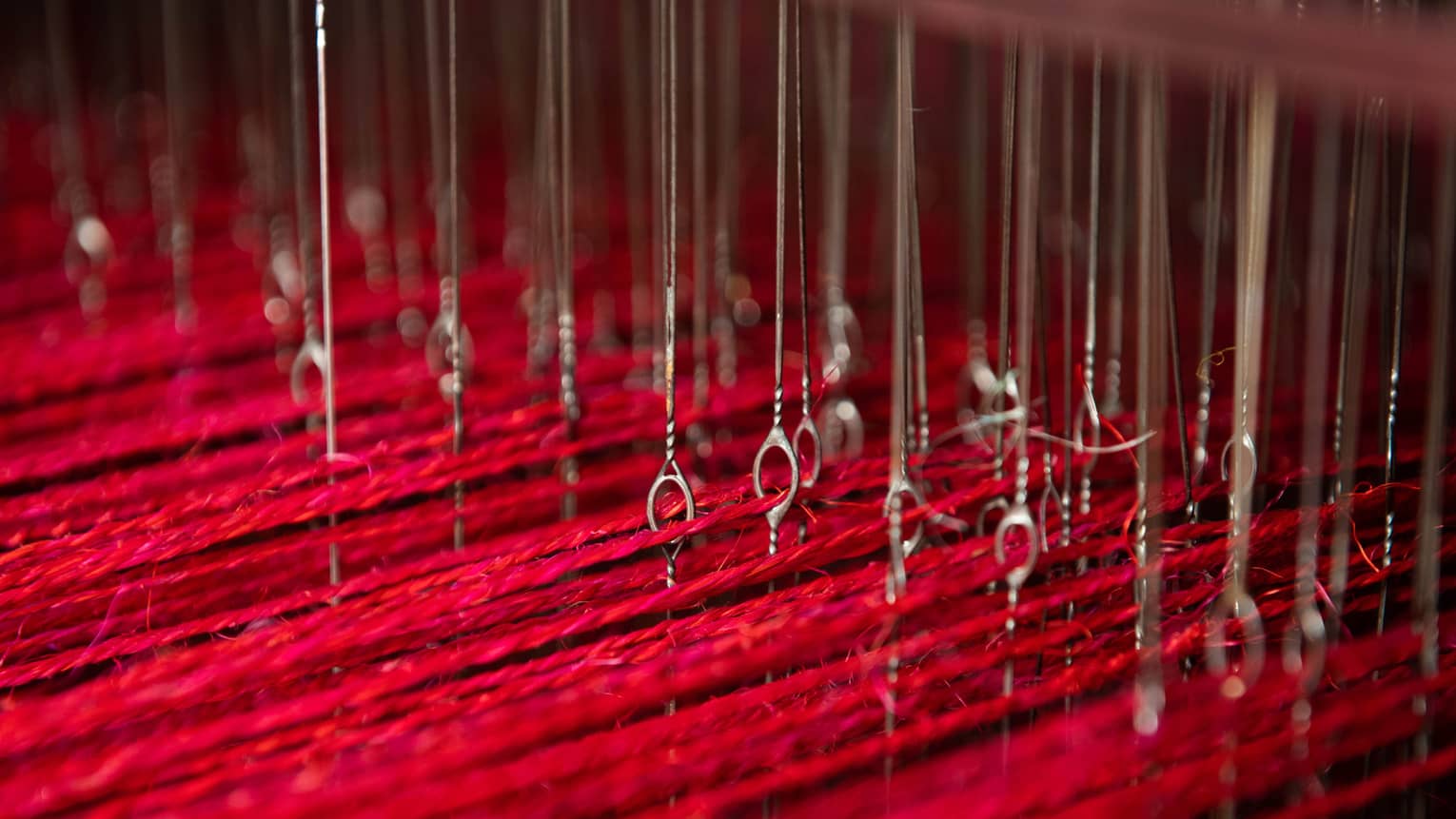 Long pieces of red string suspended by a series of wire.