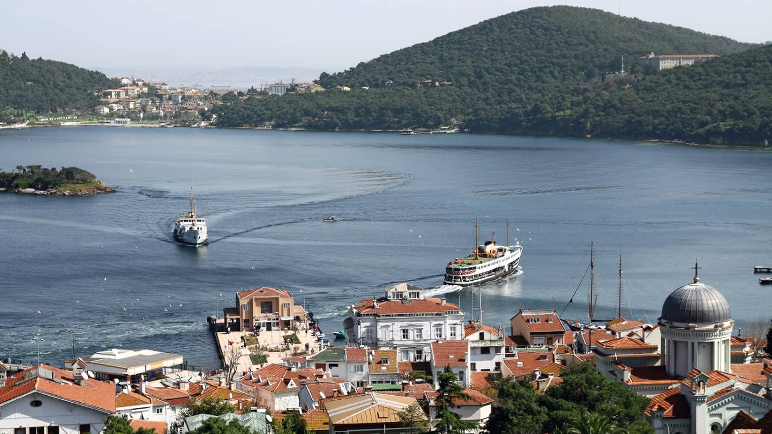 Princes Islands, view over rooftops, boats, water and mountains