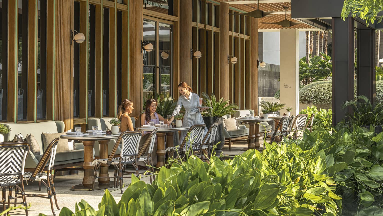 Two dining patrons are served by a waiter on the shaded patio of a restaurant