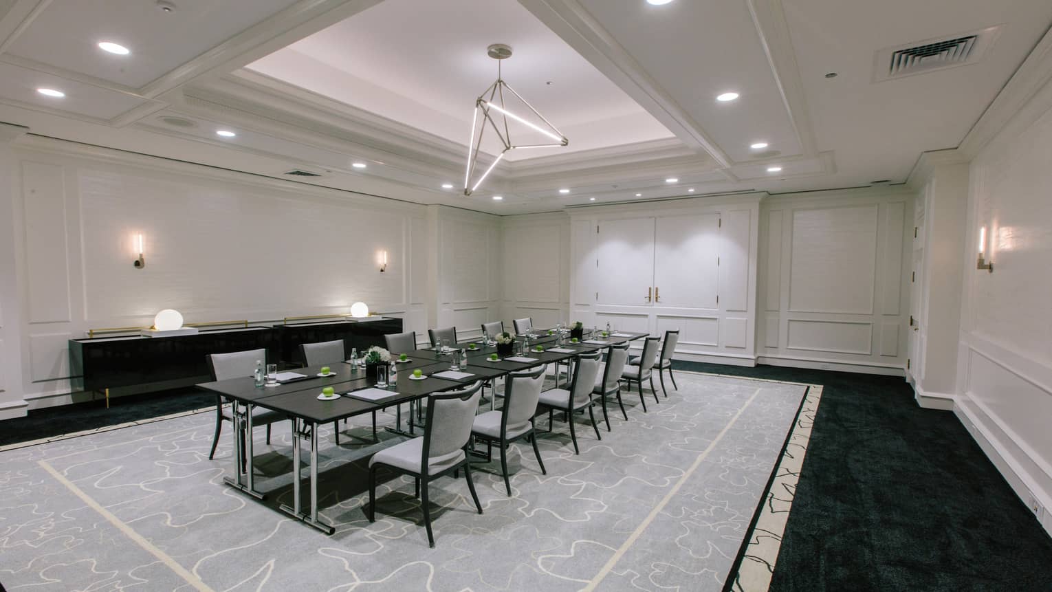 A large meeting room with large rectangular table and light coloured chairs.