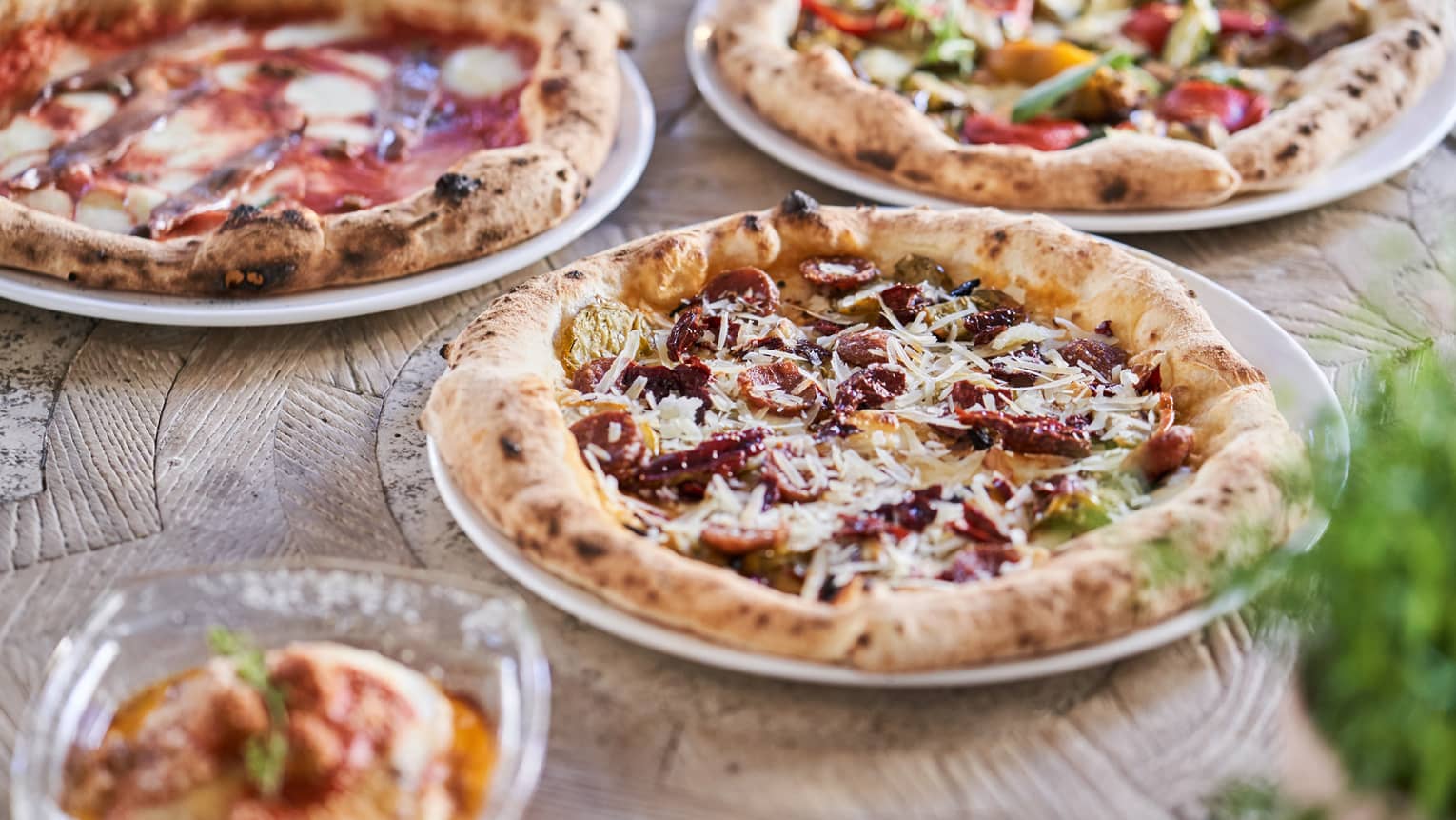 Three signature pizzas, each with unique, vibrant toppings