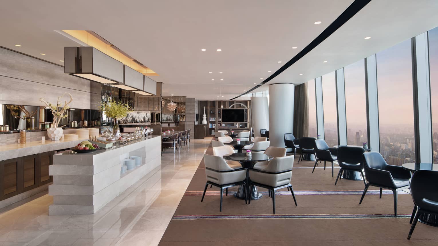 Executive Club Lounge with floor-to-ceiling windows and marble countertops