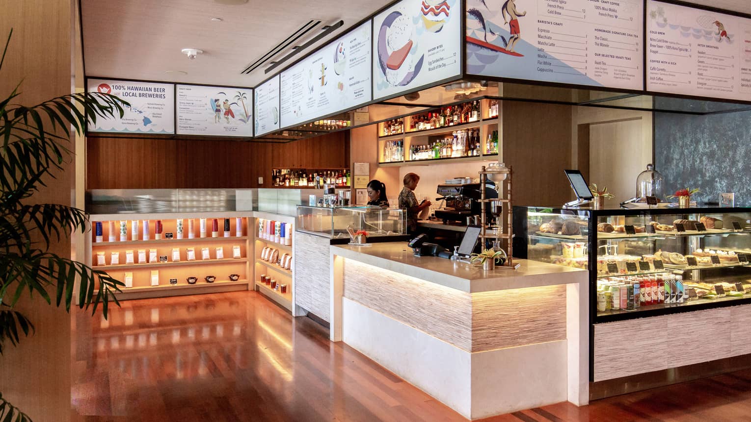 Counter at The Break Cafe, with illuminated counters and wooden floors
