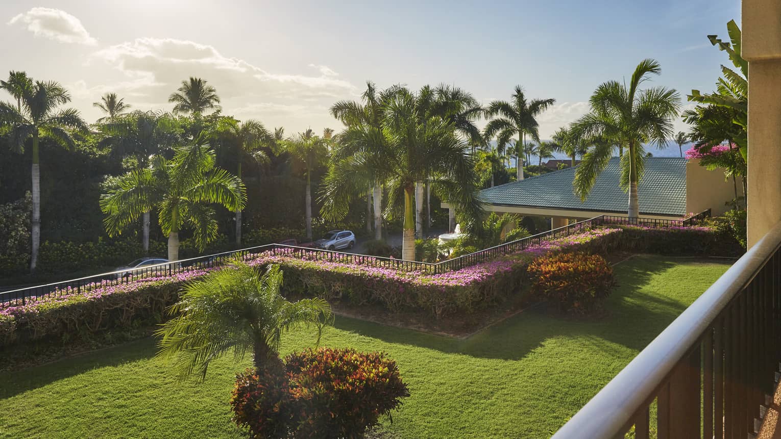 Balcony view of lush green lawn, tropical trees, flowering hedges and building roof at sunset
