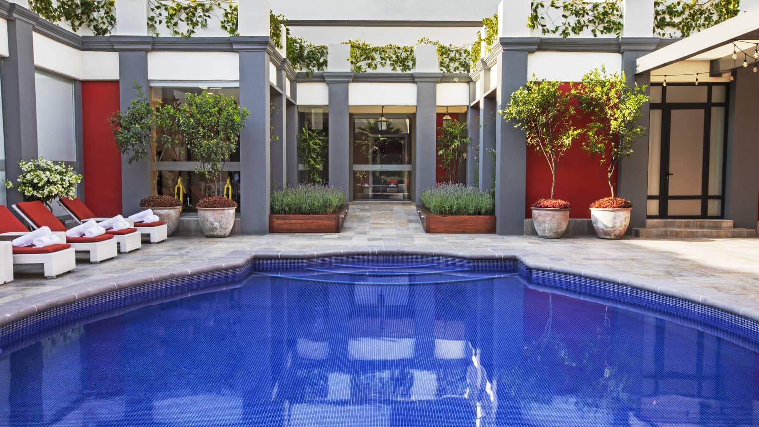 A brightly lit outdoor pool with deep blue water with red lounge chairs, plants, and open space around it.