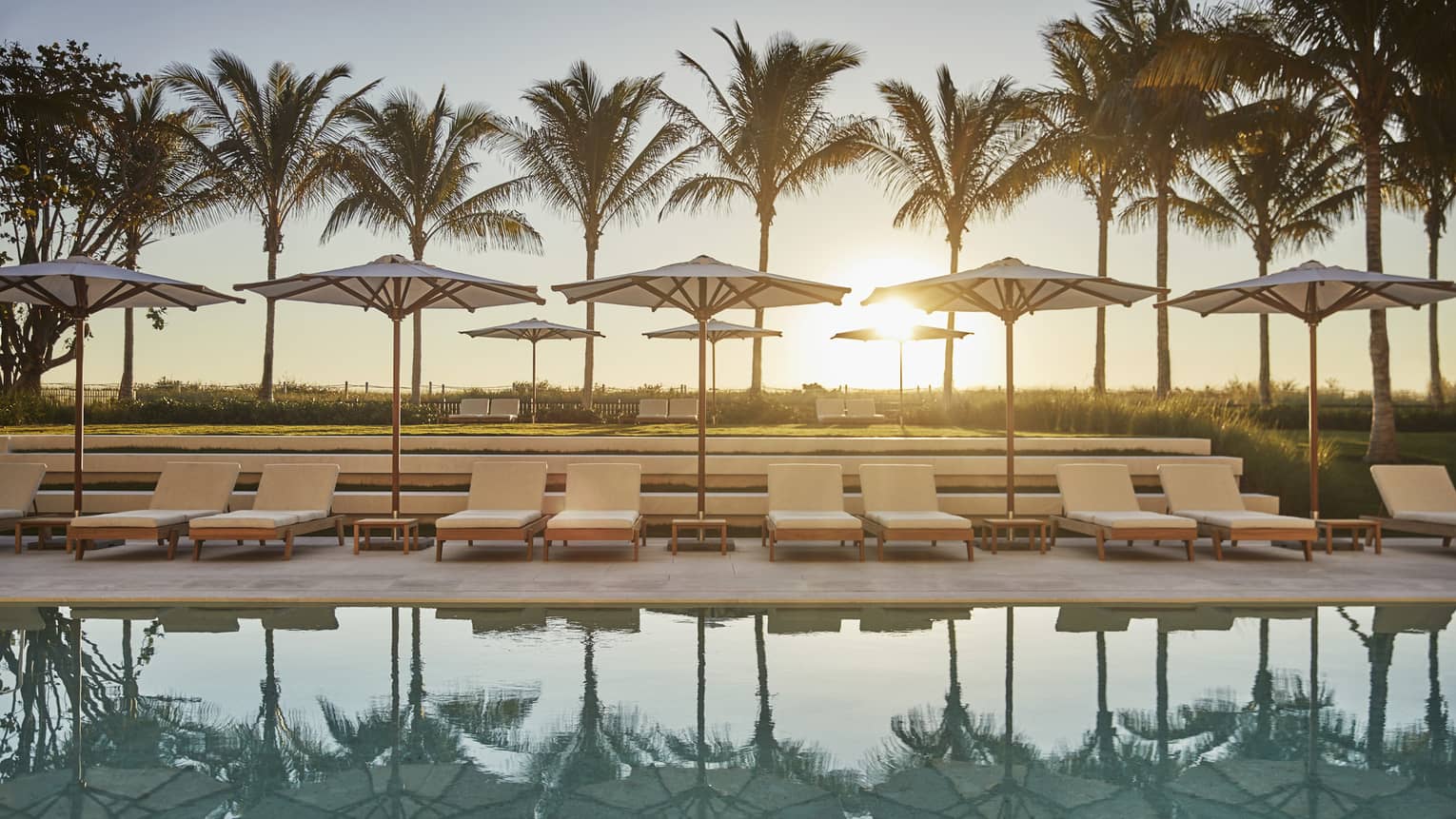 Poolside view of empty resort lounge chairs, palm trees fame a setting sun