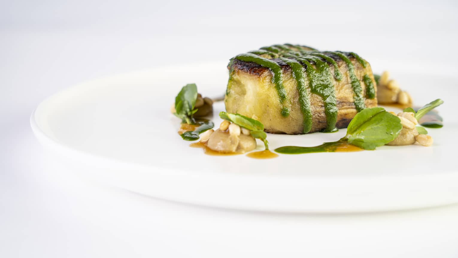 Fish with a green sauce on a white plate.