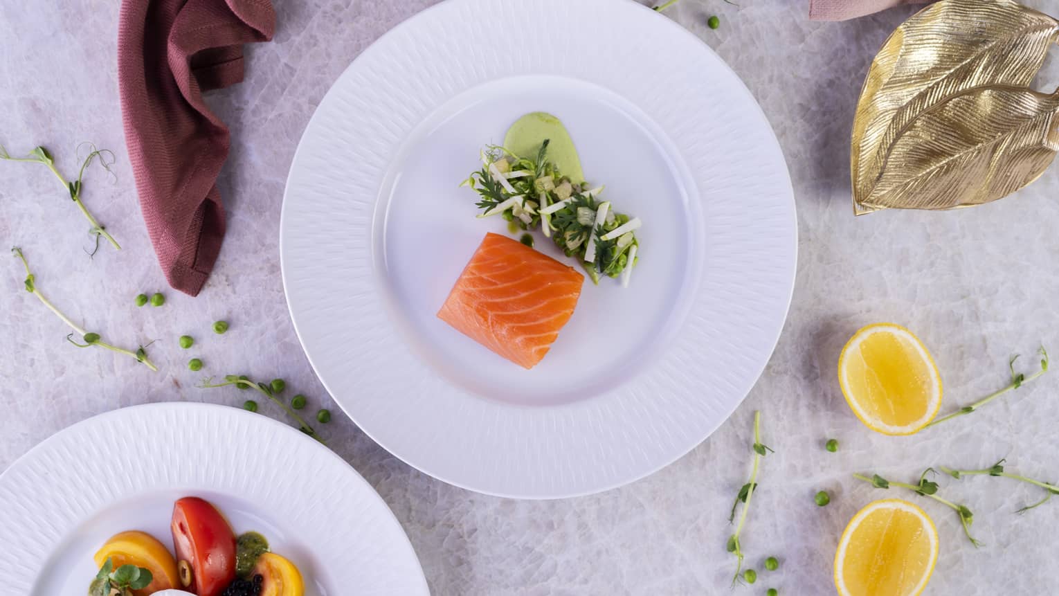 Salmon fillet with vegetable garnish on round white plate with tomato burrata salad beside it