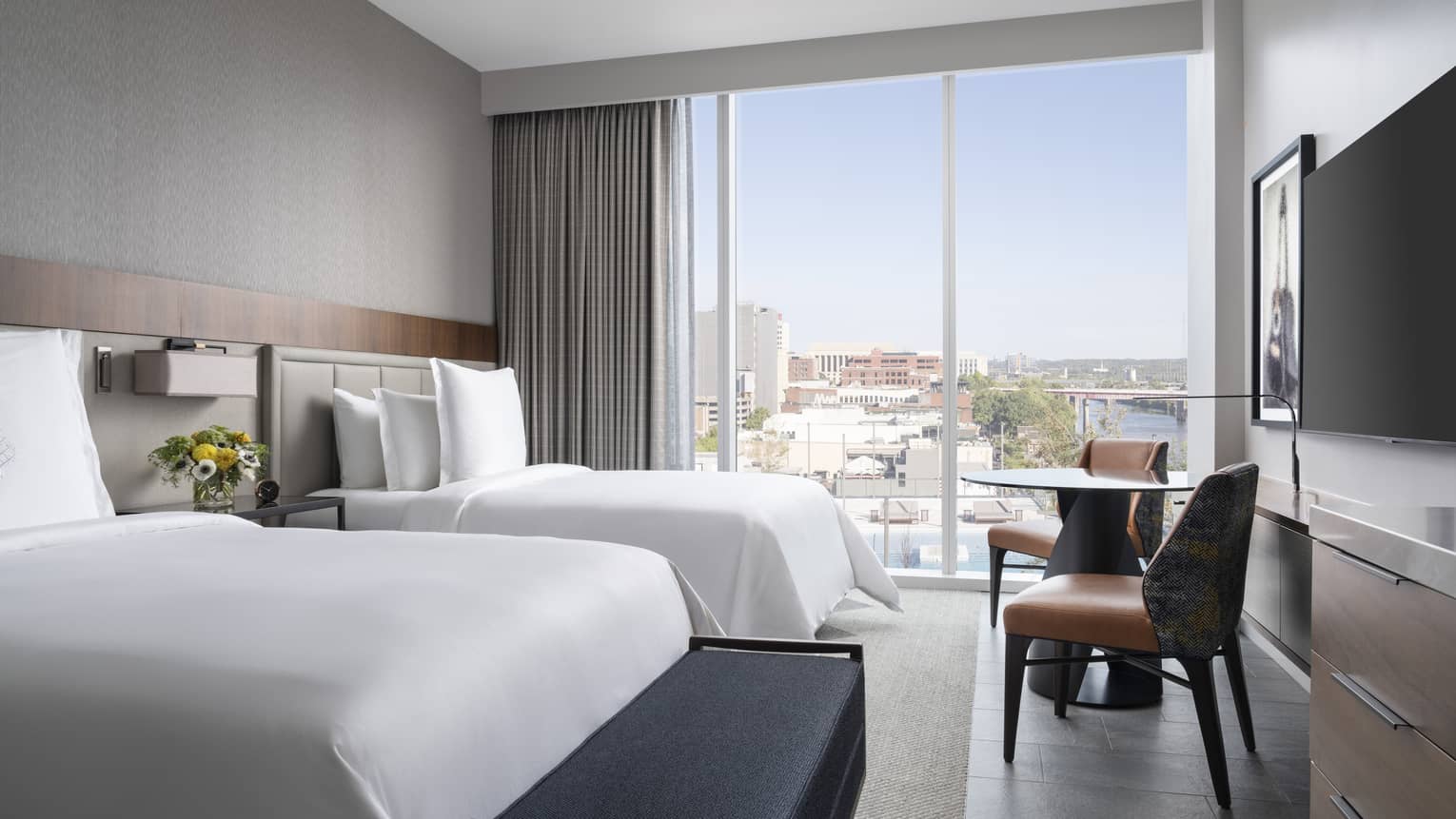 Hotel room with two double beds and view of Nashville